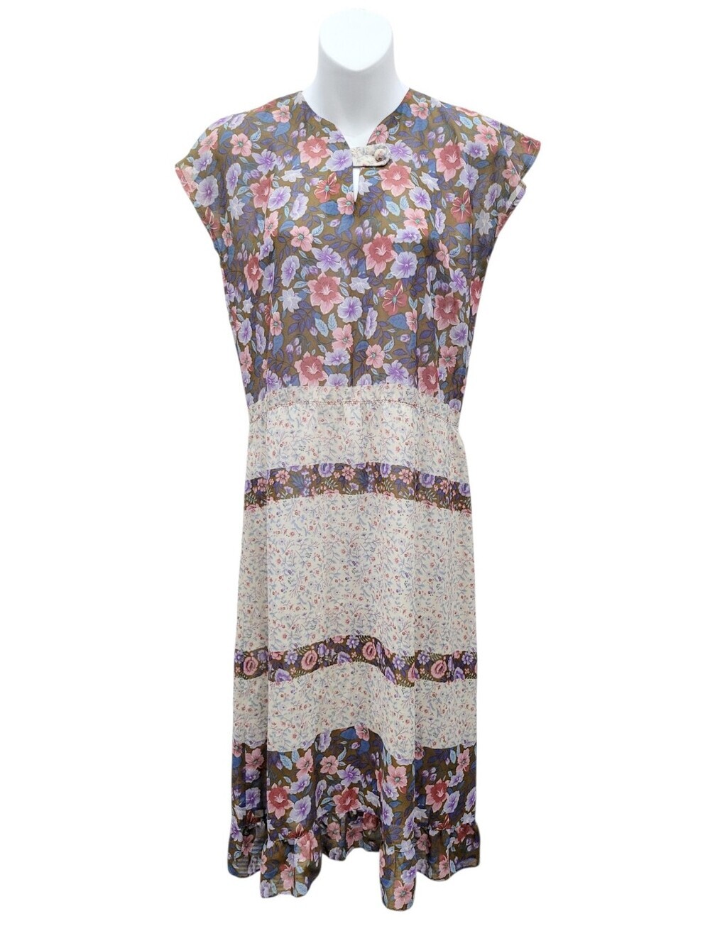 Vintage Purple & Brown Floral Pattern One Piece Dress Size: Small